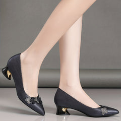 Rhinestone Chunky Heel Point Toe Work Pumps