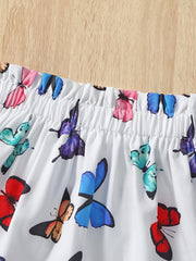 2pcs Girls Butterfly Print Bardot Top & Skirt Set