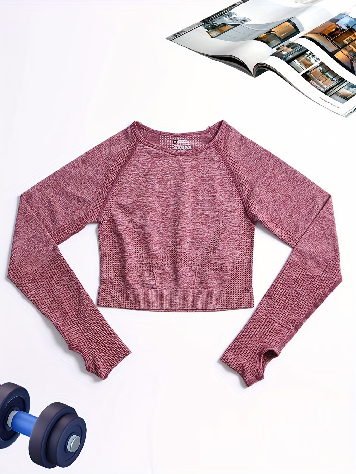 Solid Crew Neck Yoga Crop Top Long Sleeve Sexy Sports Tank Top
