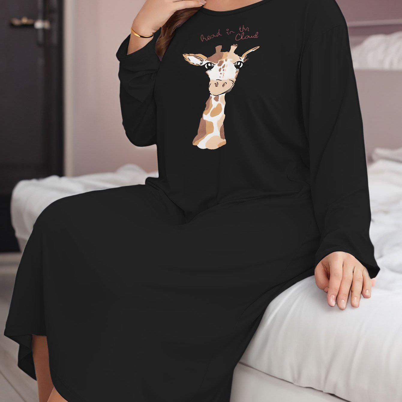 Giraffe & Letter Print Long Sleeve Tee Sleep Dress