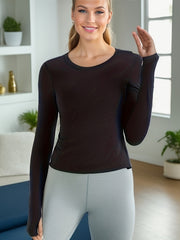 Long Sleeve Round Neck Thumb Hole Sports Top Running Breathable Solid Shirt