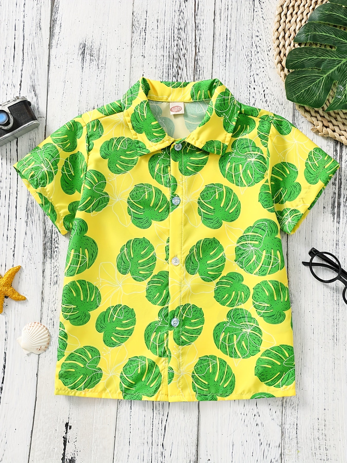 Boys Leaves Print Short Sleeves Shirt for Vacation Beach