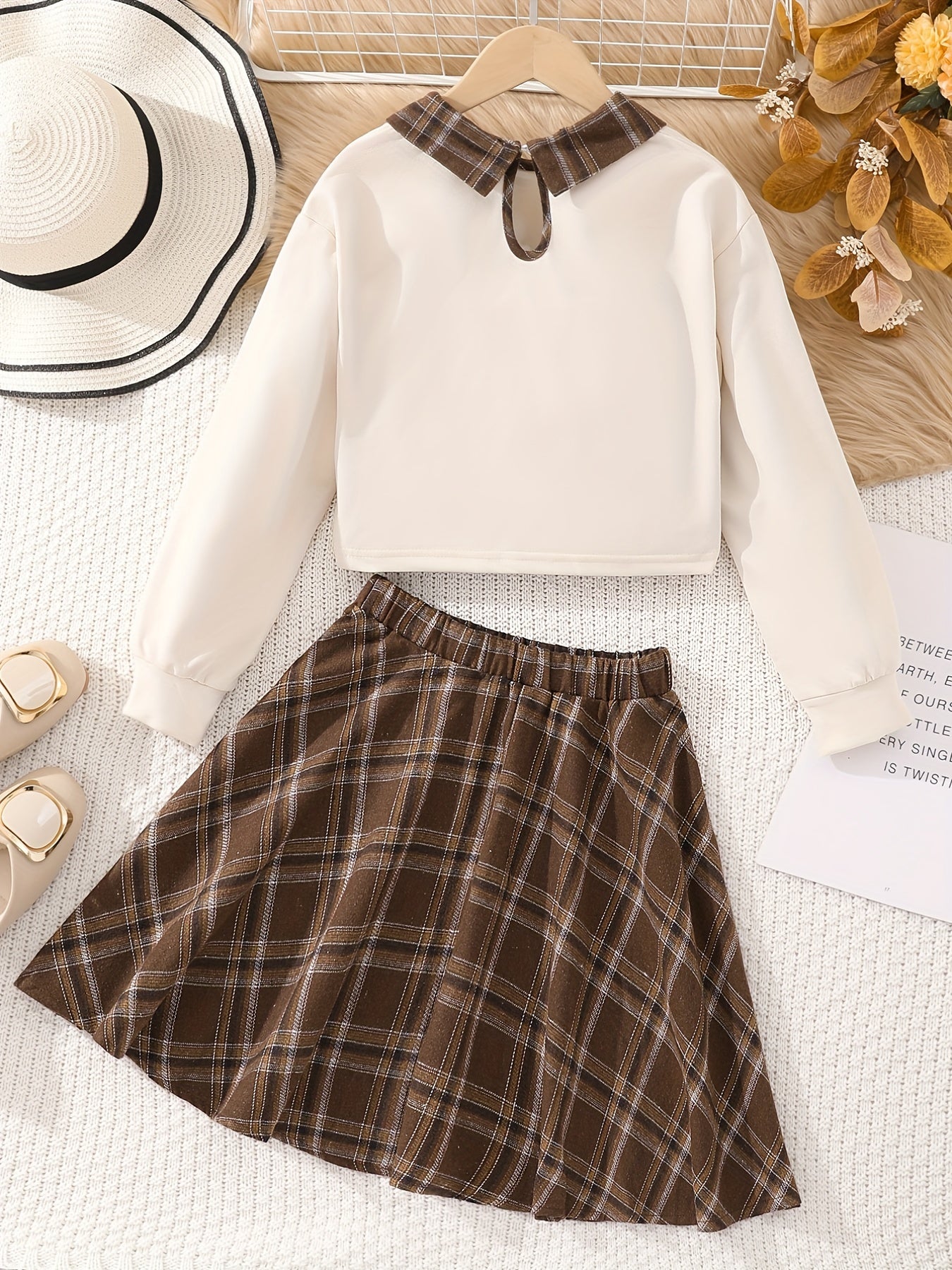 Girls Colorblock Plaid Sweatshirt Top Plaid Skirt Set