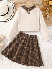 Girls Colorblock Plaid Sweatshirt Top Plaid Skirt Set