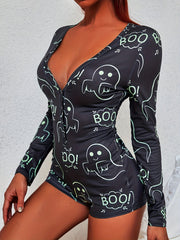 Halloween Ghost Print Pajama Romper Long Sleeve V Neck Buttons Pajamas