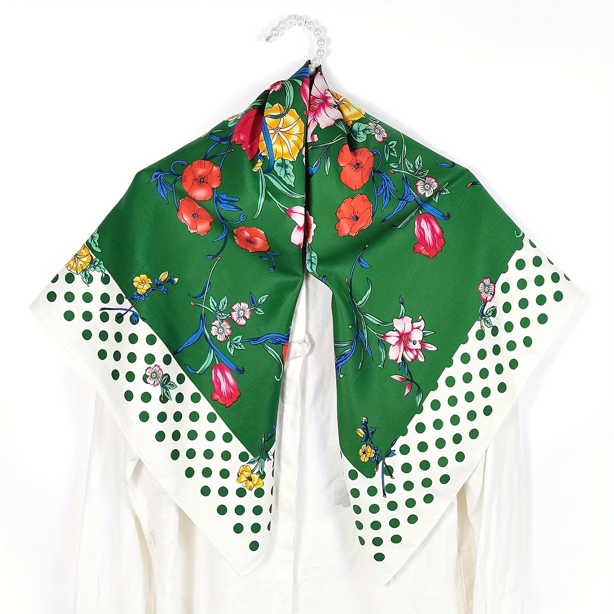 Polka Dot Flower Print Shawl Boho Twill Silk Square Scarf Vintage Neckerchief