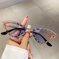 Y2K Rimless Cat Eye Sunglasses Rhinestone Gradient Decorative Glasses