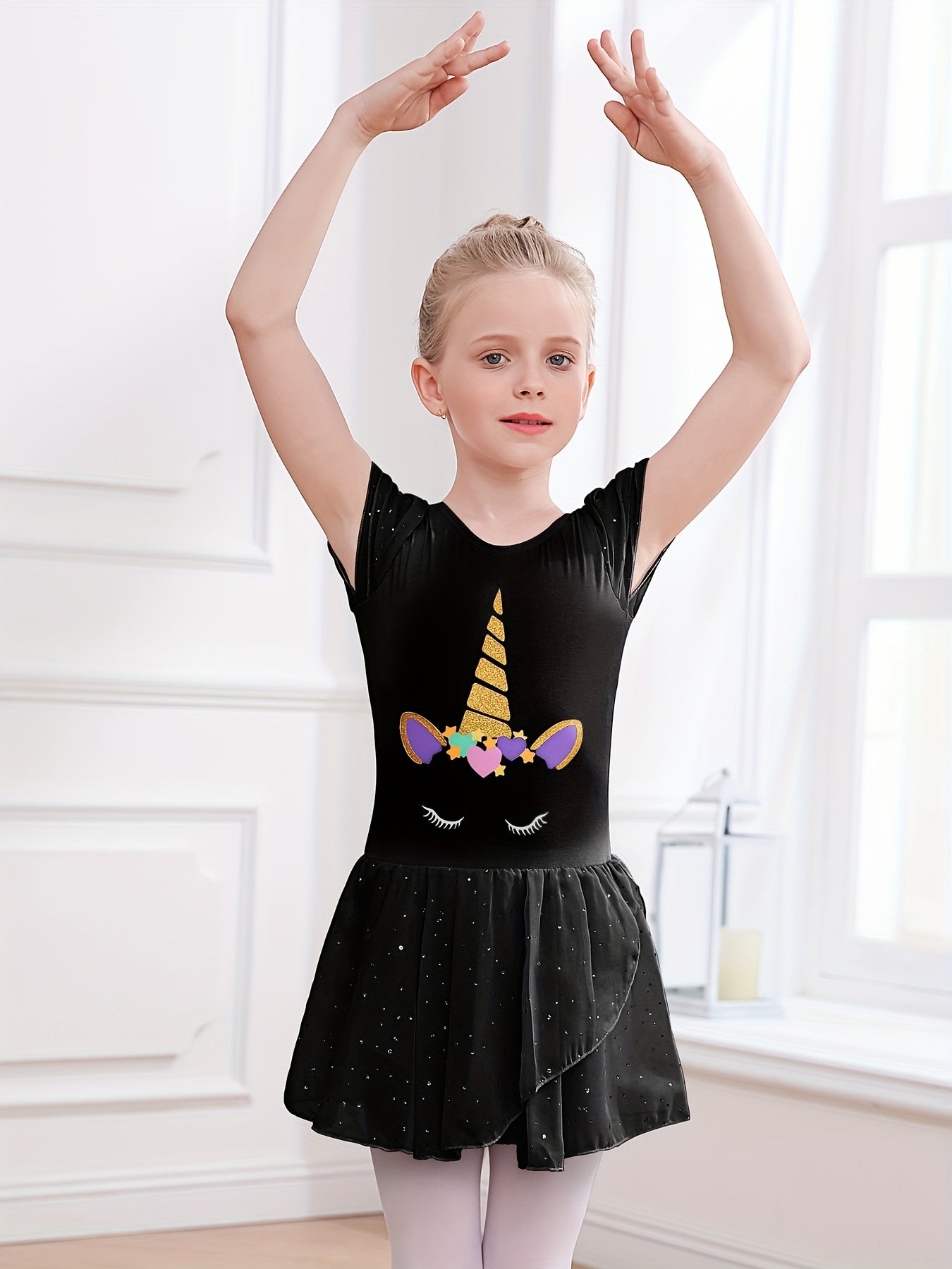 Unicorn Print Cap Sleeve Ballet Dress for Toddler Girls