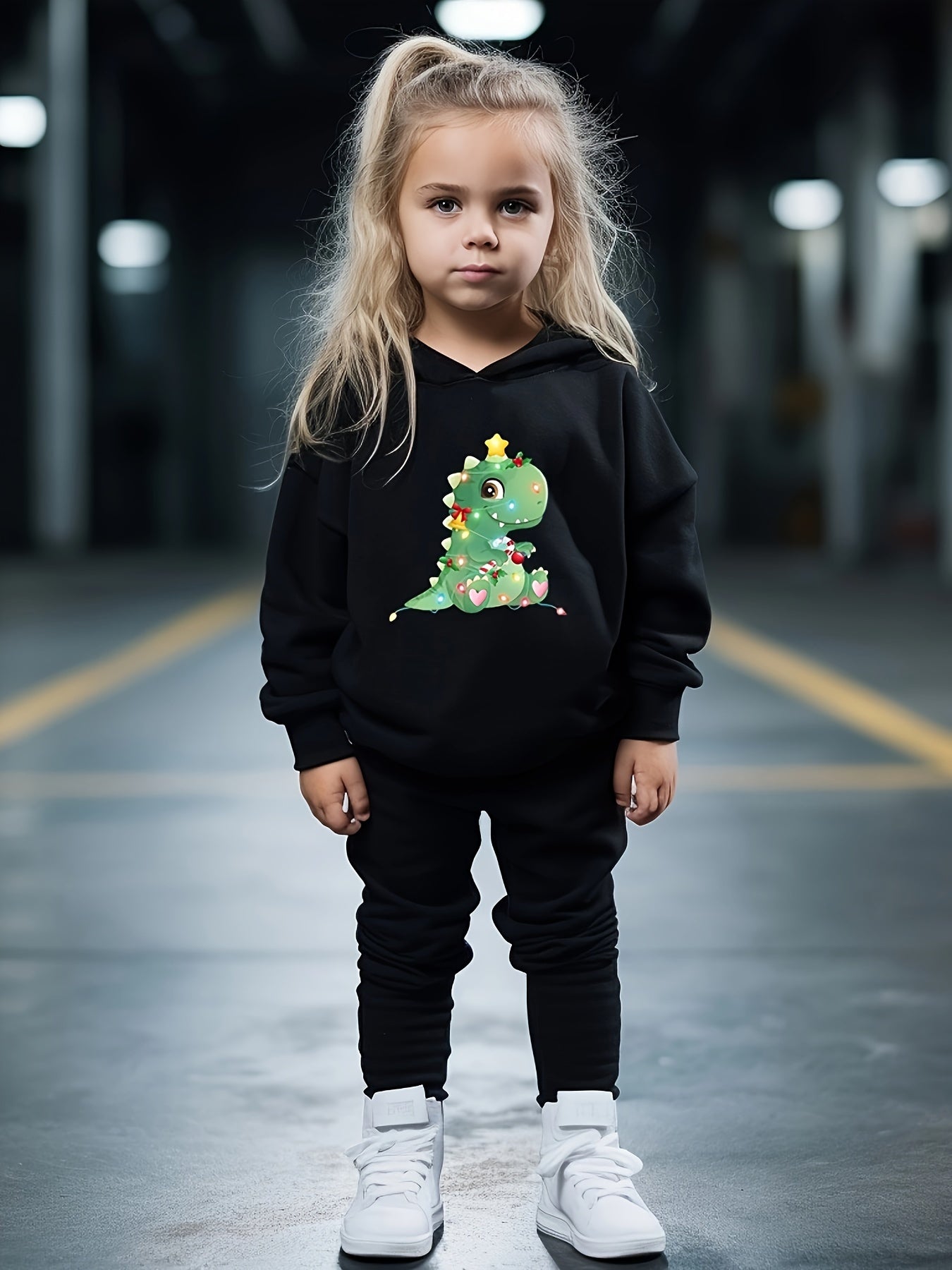 Girls Christmas Dinosaur Hooded Sweatshirt Top Sweatpants Set