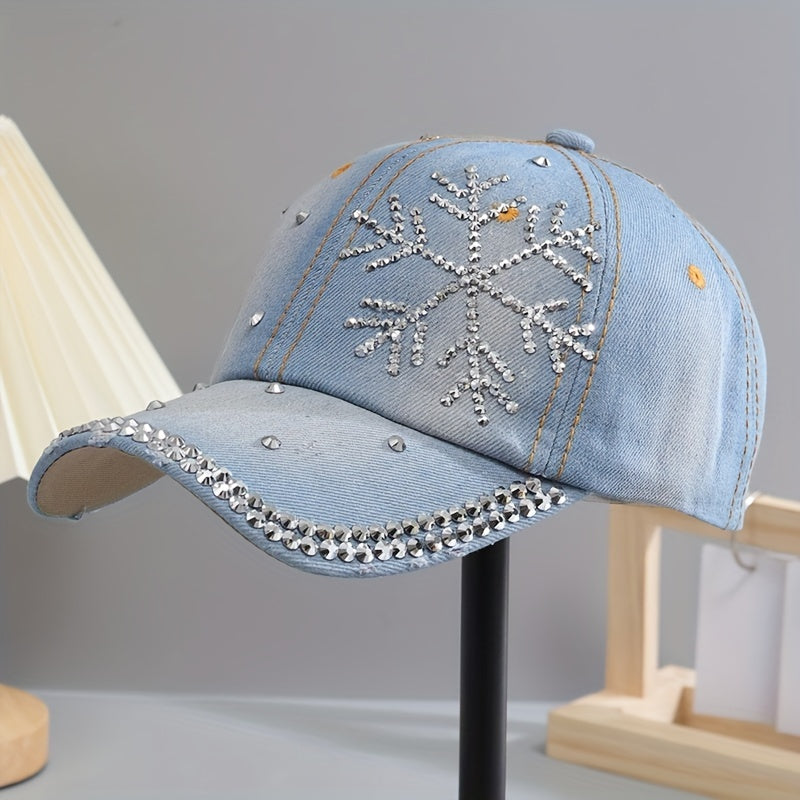 Snowflake Rhinestone Baseball Cap Distressed Denim Hat Y2K Sports Hat