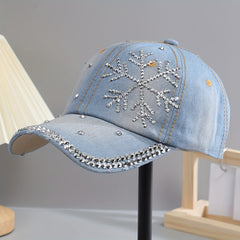 Snowflake Rhinestone Baseball Cap Distressed Denim Hat Y2K Sports Hat