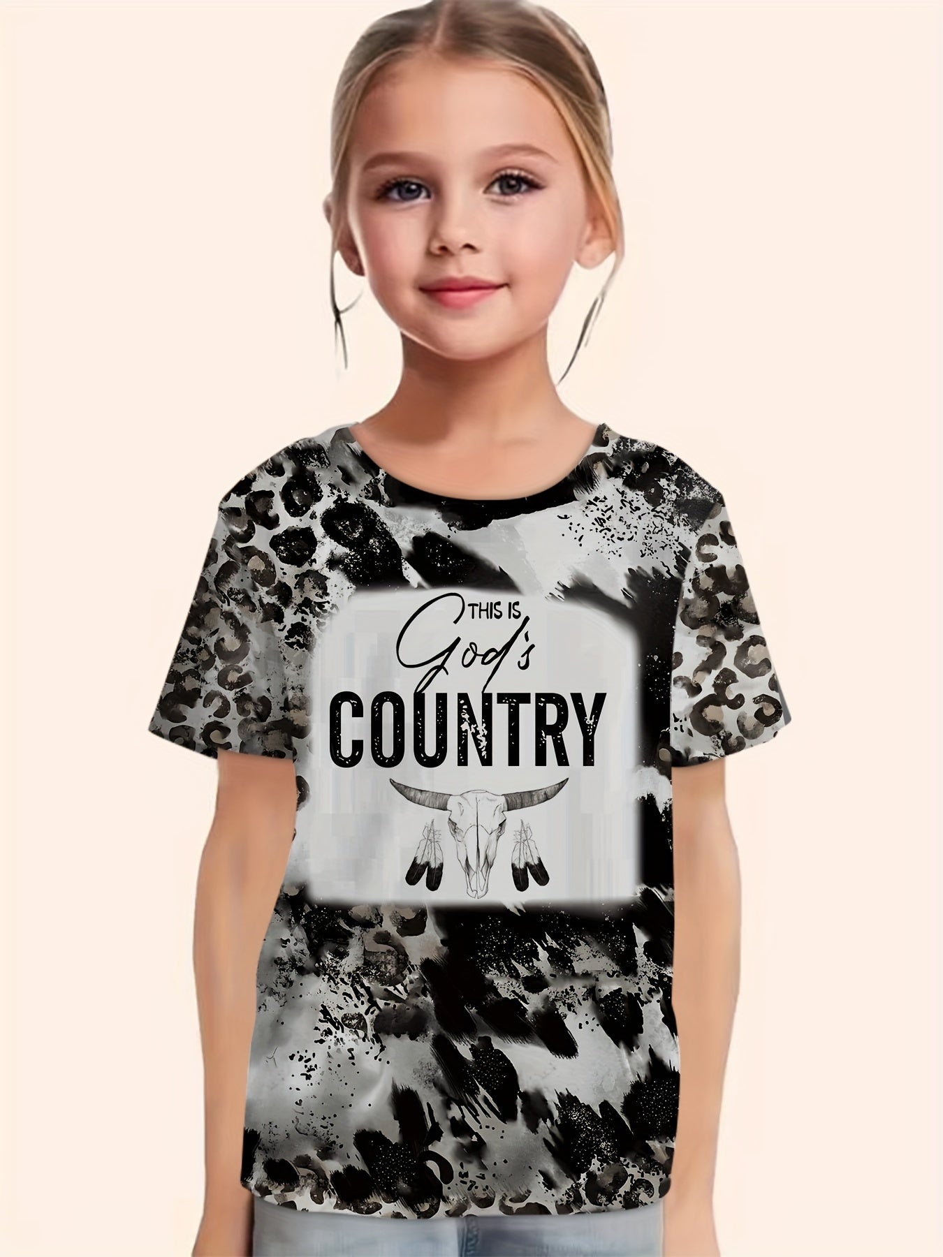 Girls Western Style Cow Skull Print Short Sleeve T-shirt Summer Clothes
