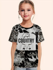 Girls Western Style Cow Skull Print Short Sleeve T-shirt Summer Clothes