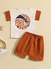 Boys Sunshine Print Casual Outfit Round Neck T shirt & Shorts Set