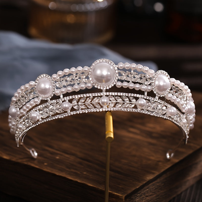 Silvery Faux Pearl Rhinestone Tiara Hairband Wedding Accessories