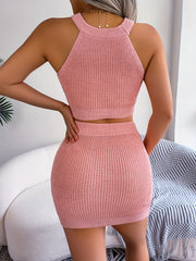 Heart Pattern Knitted Two piece Set Sleeveless Crop Top & Bodycon Skirt