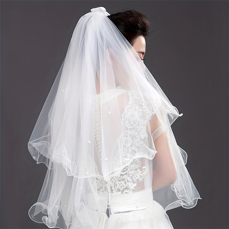 Double Layer Veil With Comb White Ribbon Bridal Hair Accessories