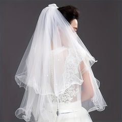 Double Layer Veil With Comb White Ribbon Bridal Hair Accessories
