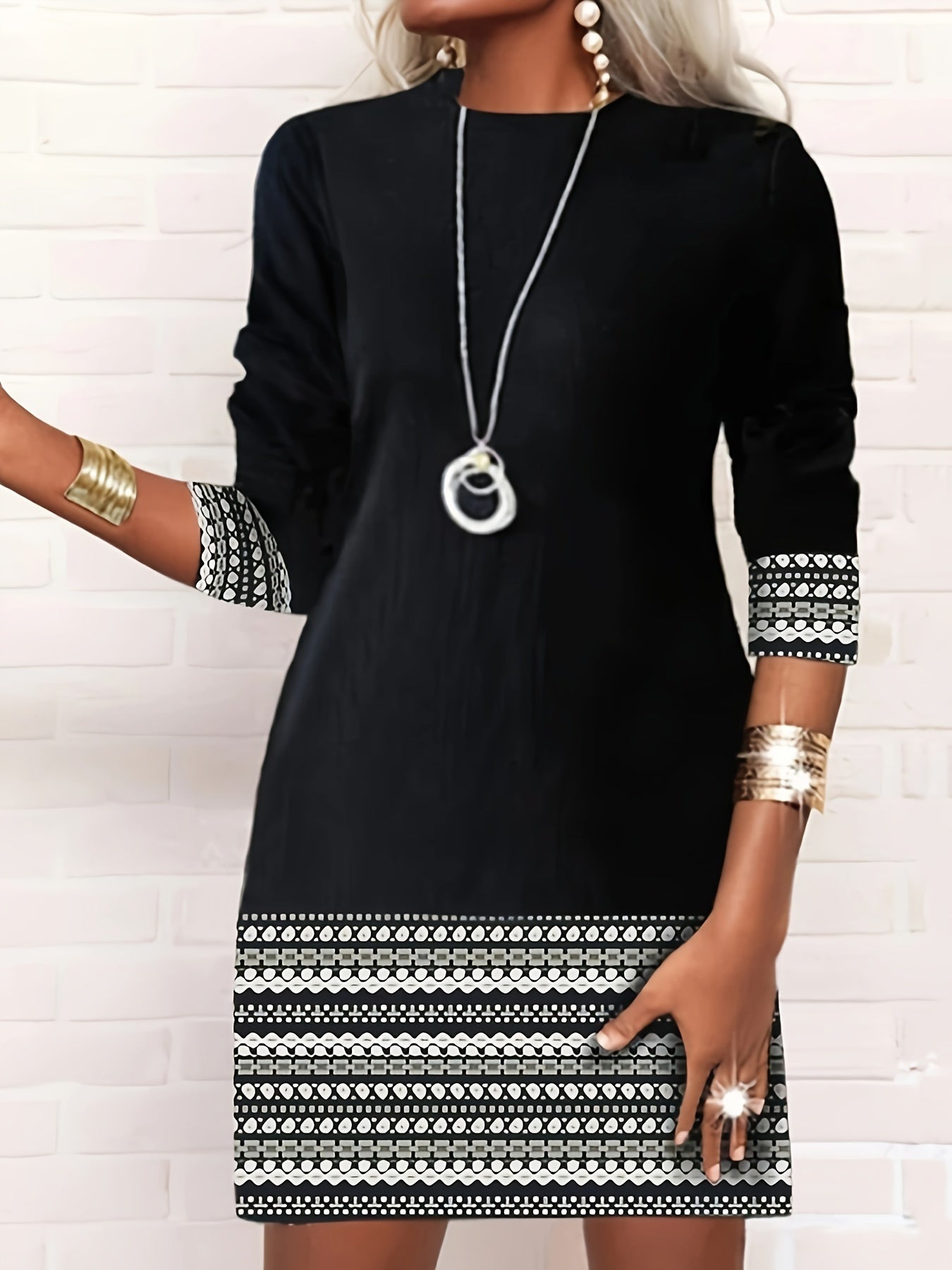 Colorblock Geometric Print Round Neck Dress