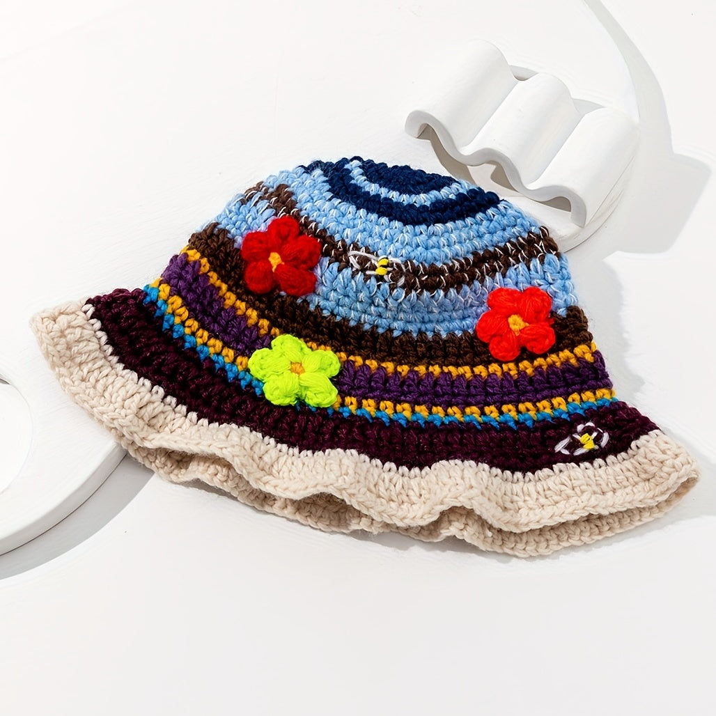 Ruffles Knitted Flower Bucket Hat Crochet Basin Hat Women