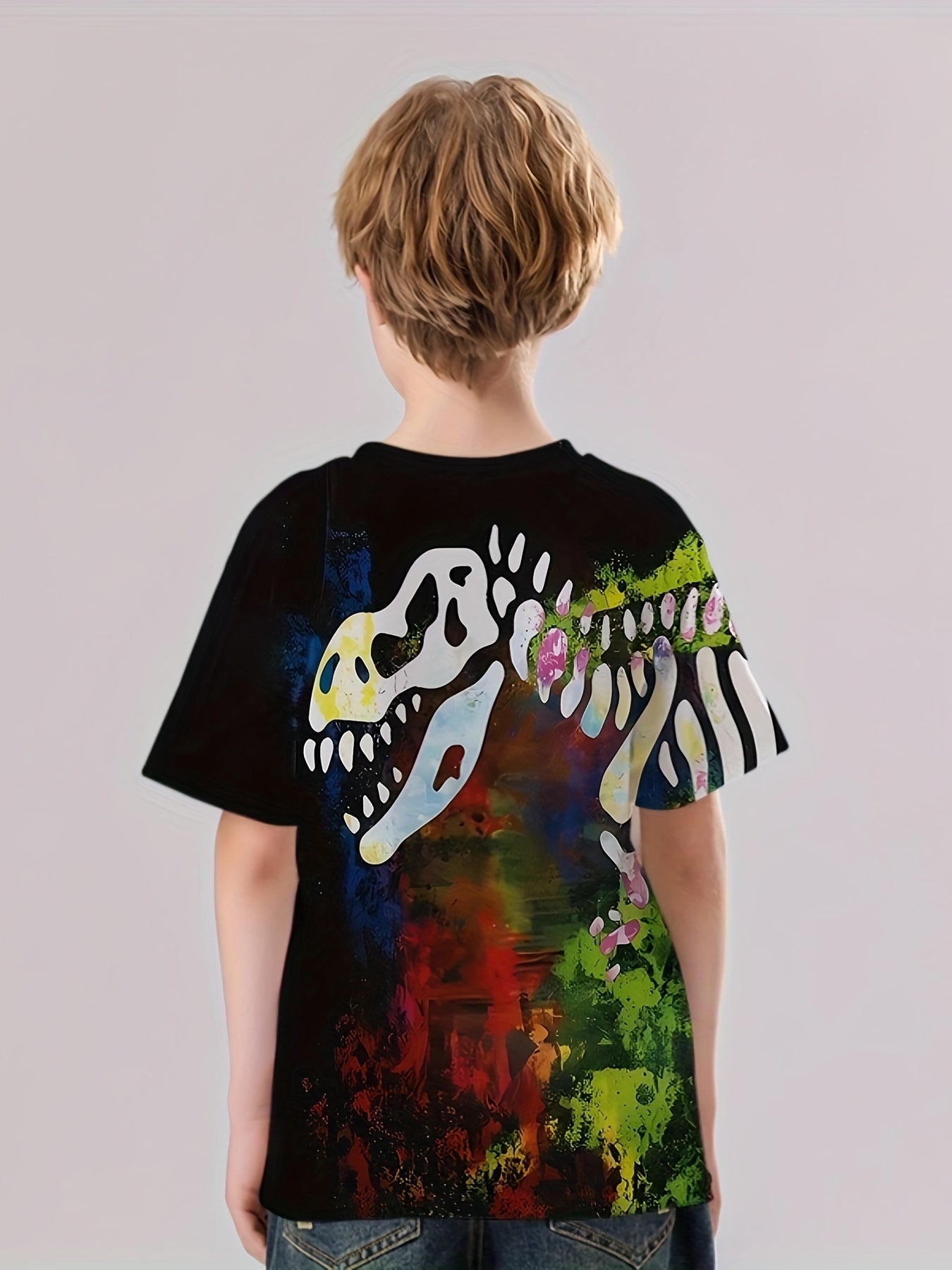 Dino Skeleton Print Boys T Shirt Short Sleeve Tee For Kids