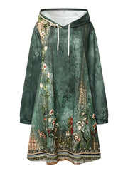 Floral Print Oversized Hoodie Drawstring Casual Sweatshirt