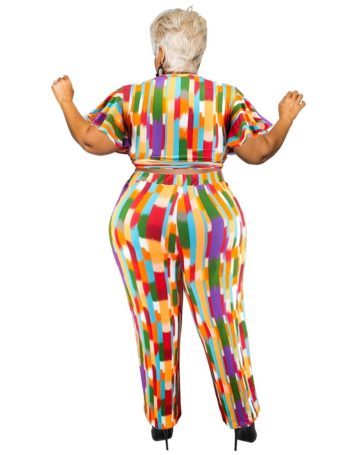 Colorblock Short Sleeve Belted Crop Top & Pants Set Plus Size Women's Outfit