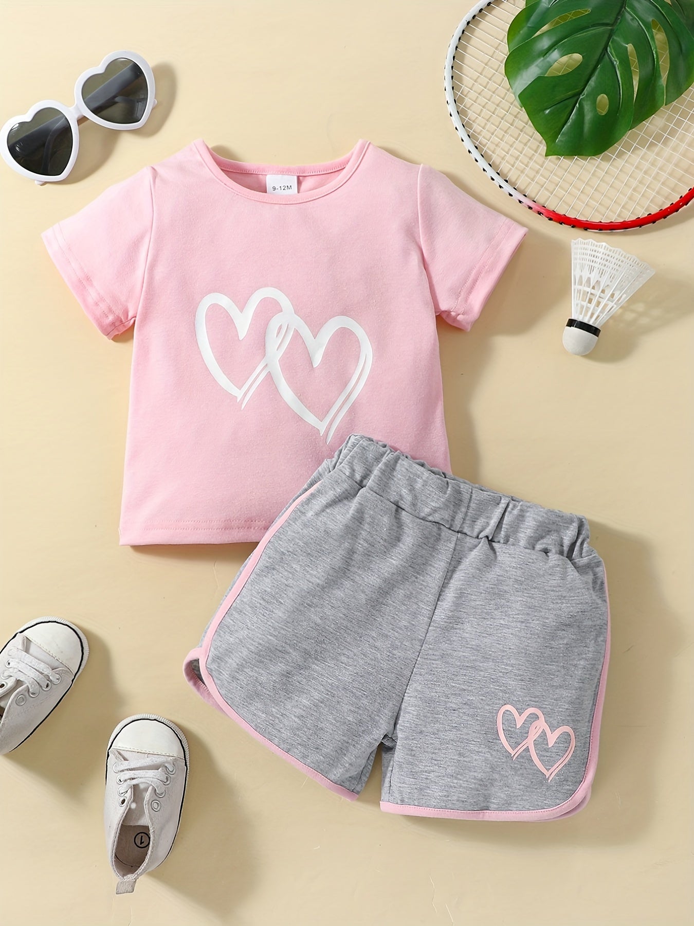 2pcs Baby Girls Heart Print T shirt & Shorts Set Summer Clothes