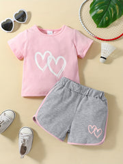 2pcs Baby Girls Heart Print T shirt & Shorts Set Summer Clothes