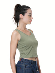 Solid Crop Tank Top Crew Neck Summer Sleeveless