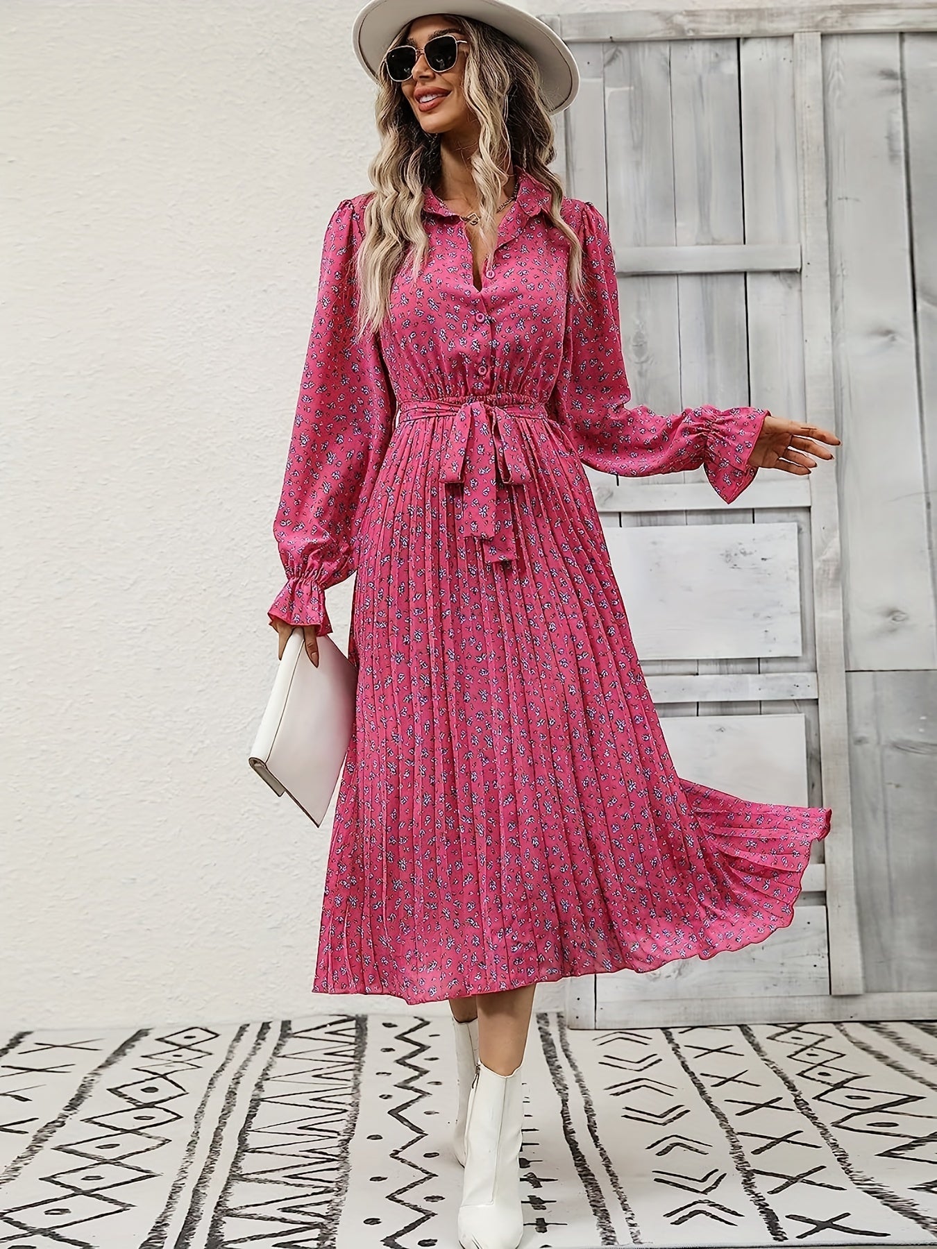 Floral Print Button Belted Pleated Dress Flounce Sleeve Midi Dress