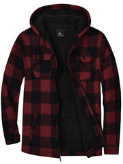 Men's Plaid Fleece Zip Hooded Jacket Outdoor Fall Winter