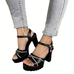 Rhinestone Block Heel Platform Pumps Slingback Buckle Strap