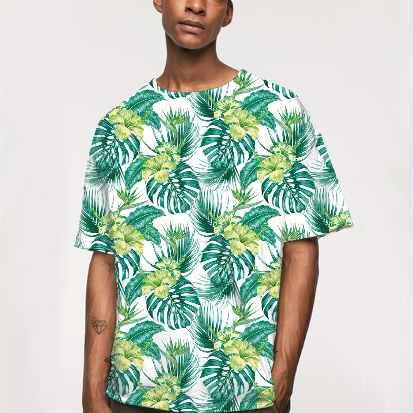 Hawaiian Tropical Leaf Print Tshirt Men's Top Short Sleeve