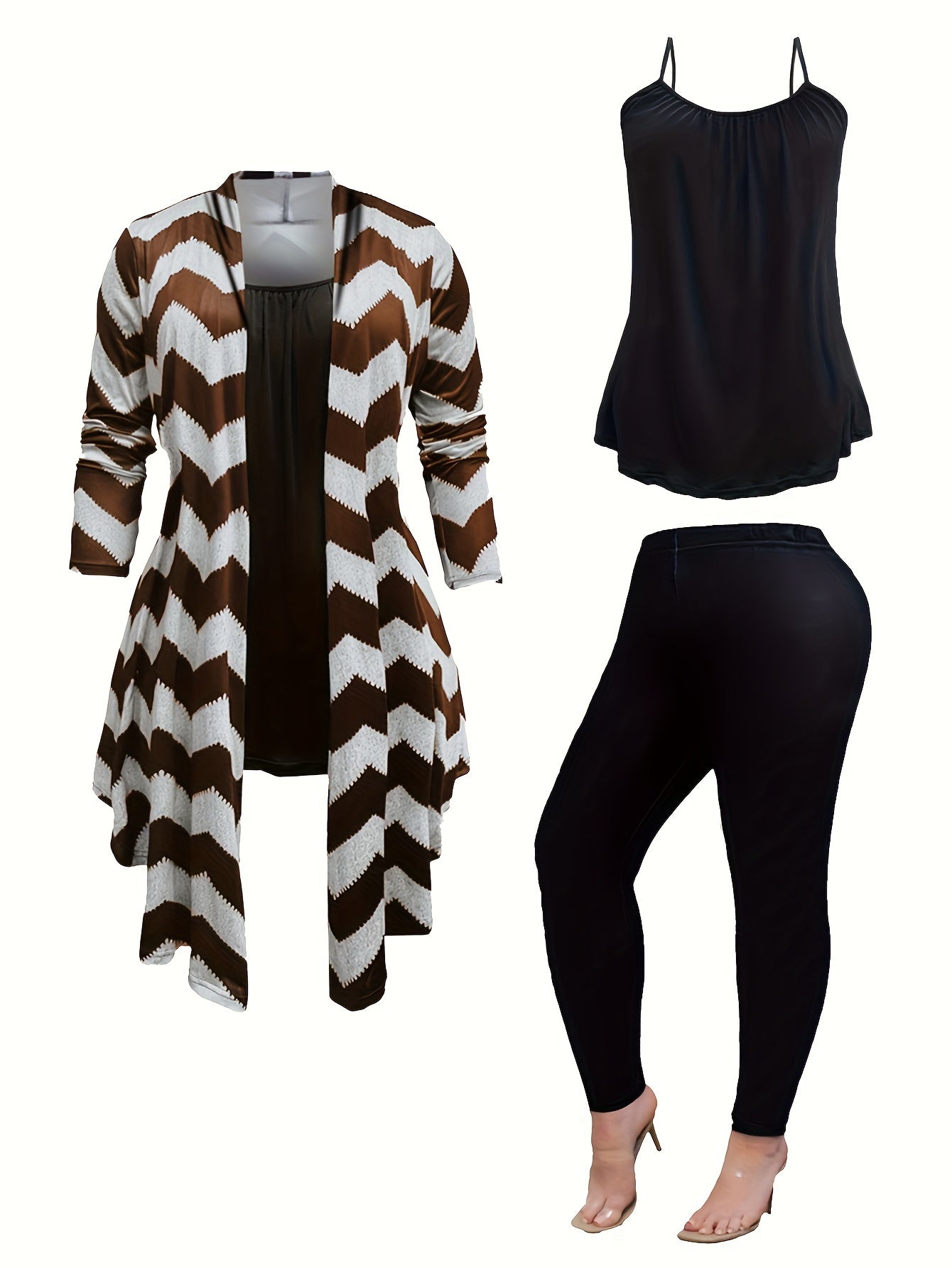 Women's Plus Wave Trim Long Sleeve Coat & Top & Leggings Set