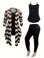 Women's Plus Wave Trim Long Sleeve Coat & Top & Leggings Set