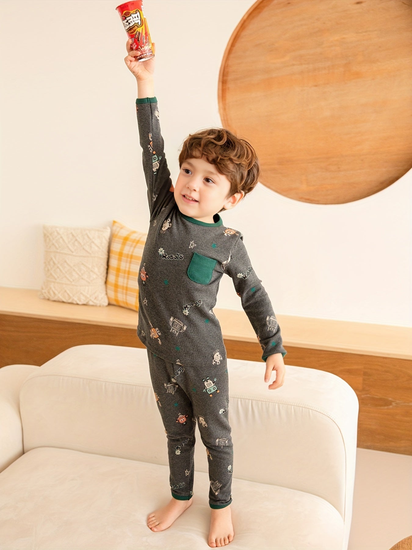 Boys 2pcs Robot Printed Lounge Wear Pajama Set
