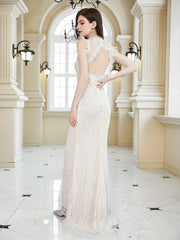 Lace Backless Maxi Wedding Dress Sleeveless Solid