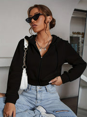 Solid Zipper Front Crop Hoodie Casual Long Sleeve Hoodies