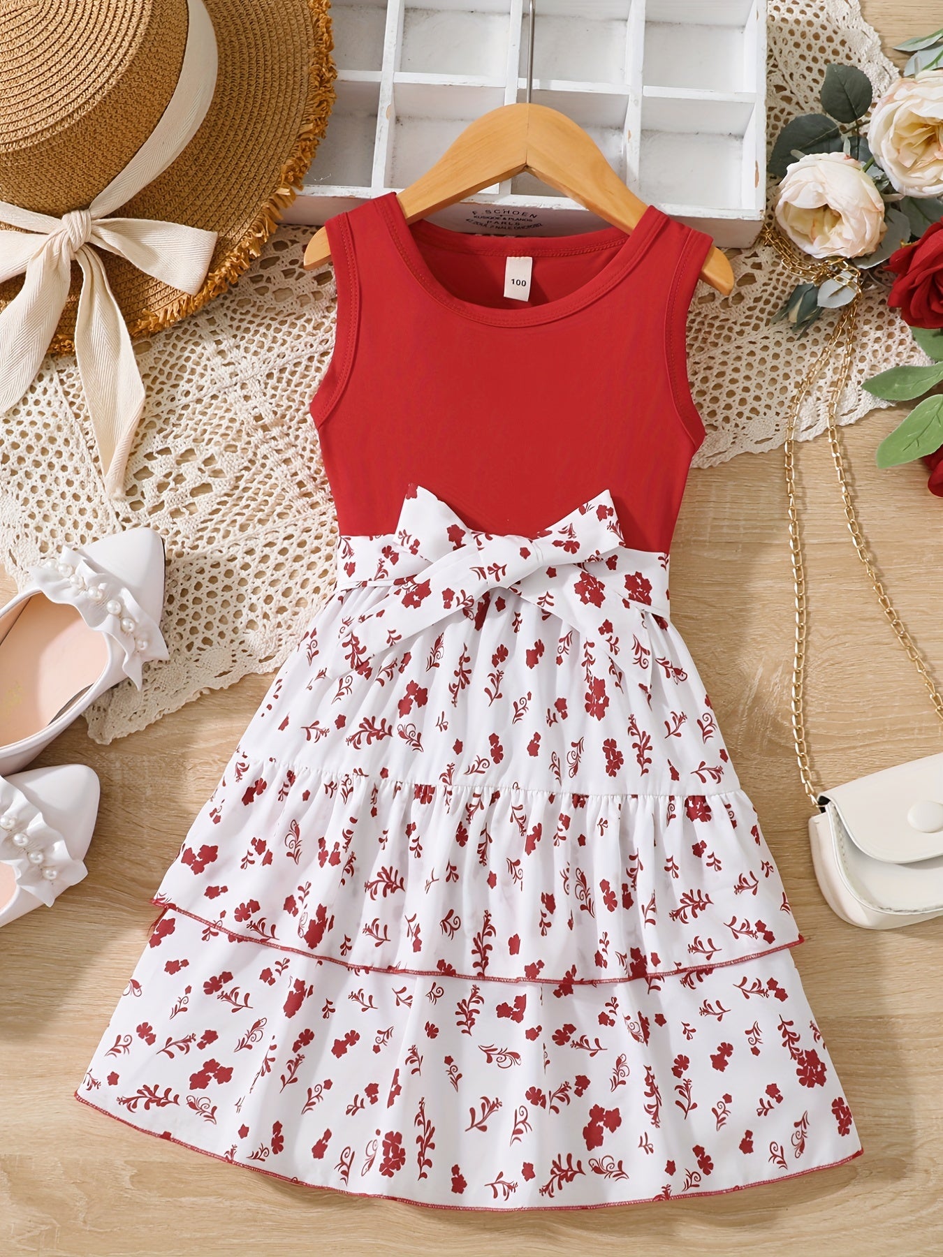 Girls' Holiday Party Dress with Belt, Sleeveless Floral Casual