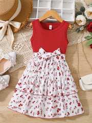 Girls' Holiday Party Dress with Belt, Sleeveless Floral Casual