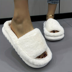 Women's Fuzzy Plush Platform Slippers Comfy Open Toe Non slip Bedroom Shoes