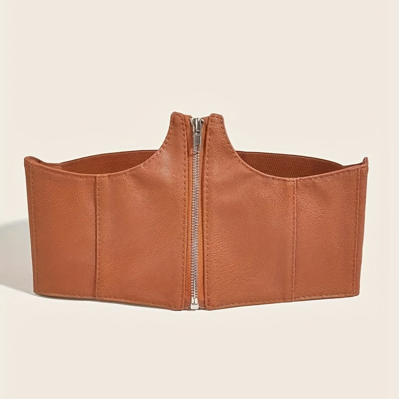 Wide Waistband Lychee Pattern Embossed Zipper Corset Belt for Women