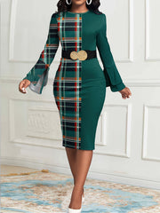 Colorblock Plaid Bell Sleeve Dress