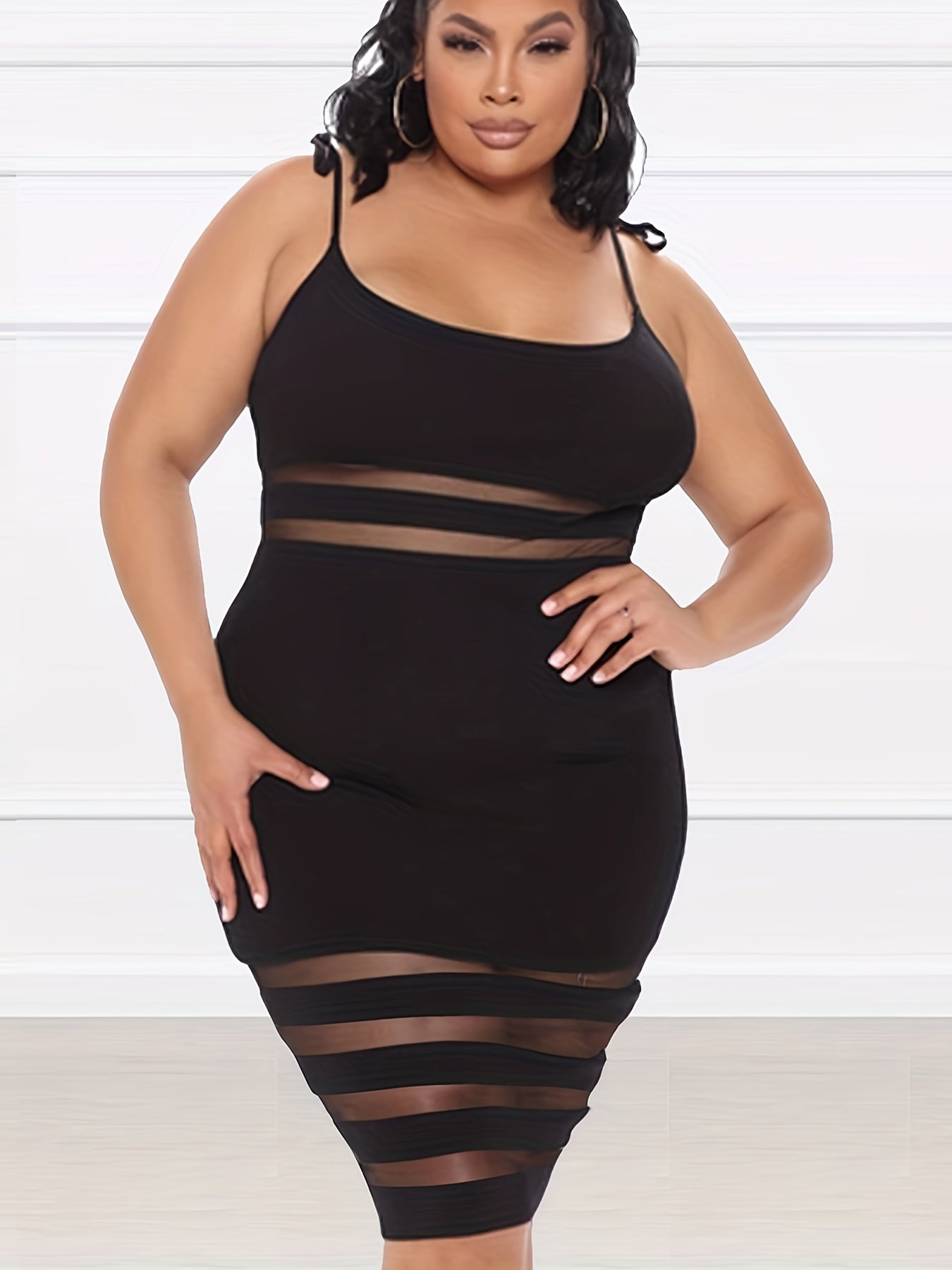 Sexy Bodycon Dress Women's Plus Semi Sheer Contrast Mesh Cami Bodycon