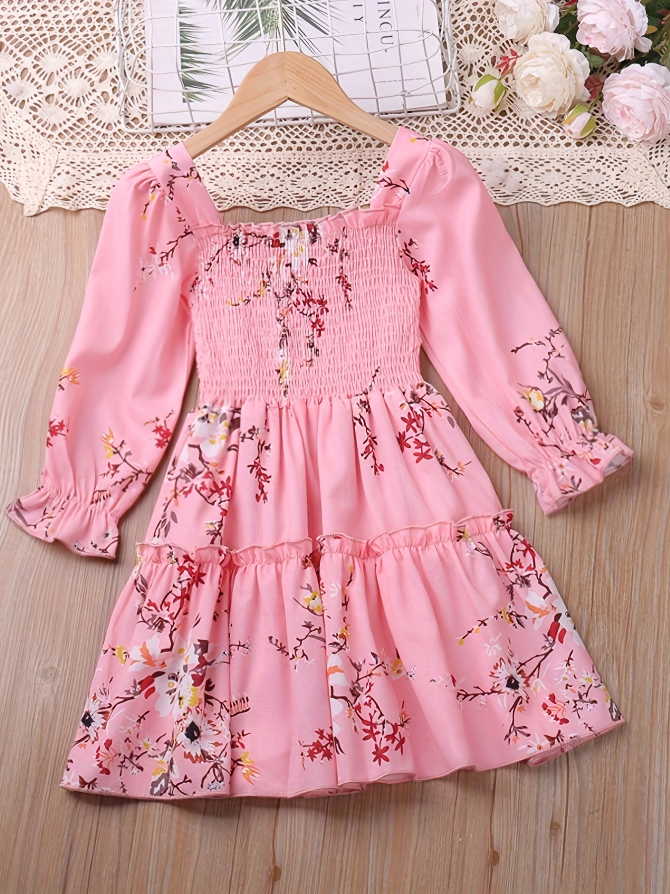Girls' Shirred Flowers Long Sleeve Dress Kids Party Holiday Summer