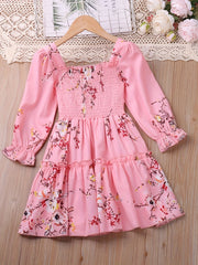 Girls' Shirred Flowers Long Sleeve Dress Kids Party Holiday Summer