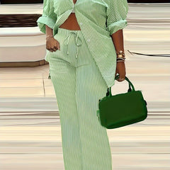 Stripe Print Button Up Blouse & Pants Set