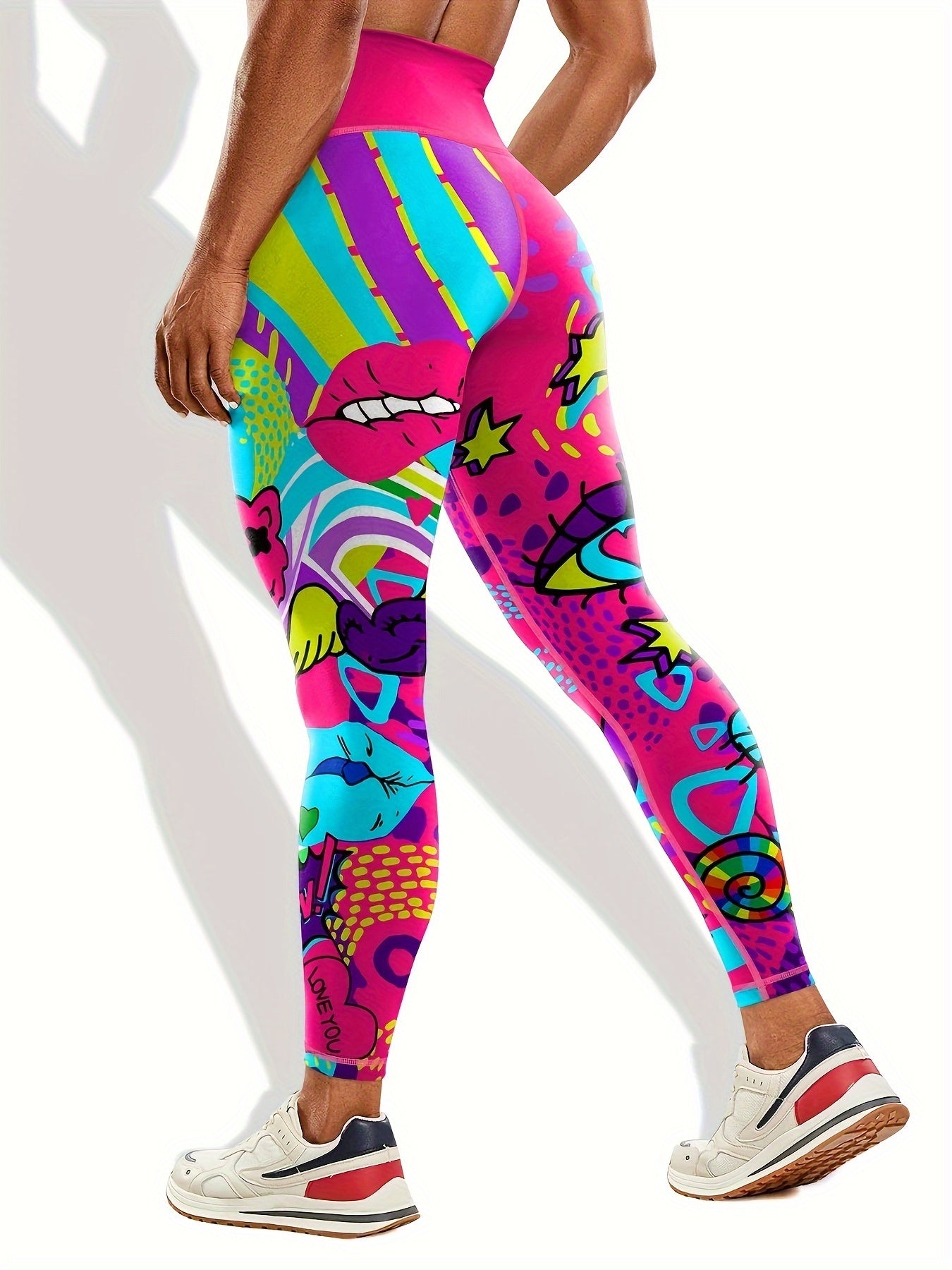 Graffiti Print Yoga Pants Tummy Control Sports Trouser