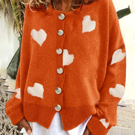 Heart Print Button Up Long Sleeve Cardigan